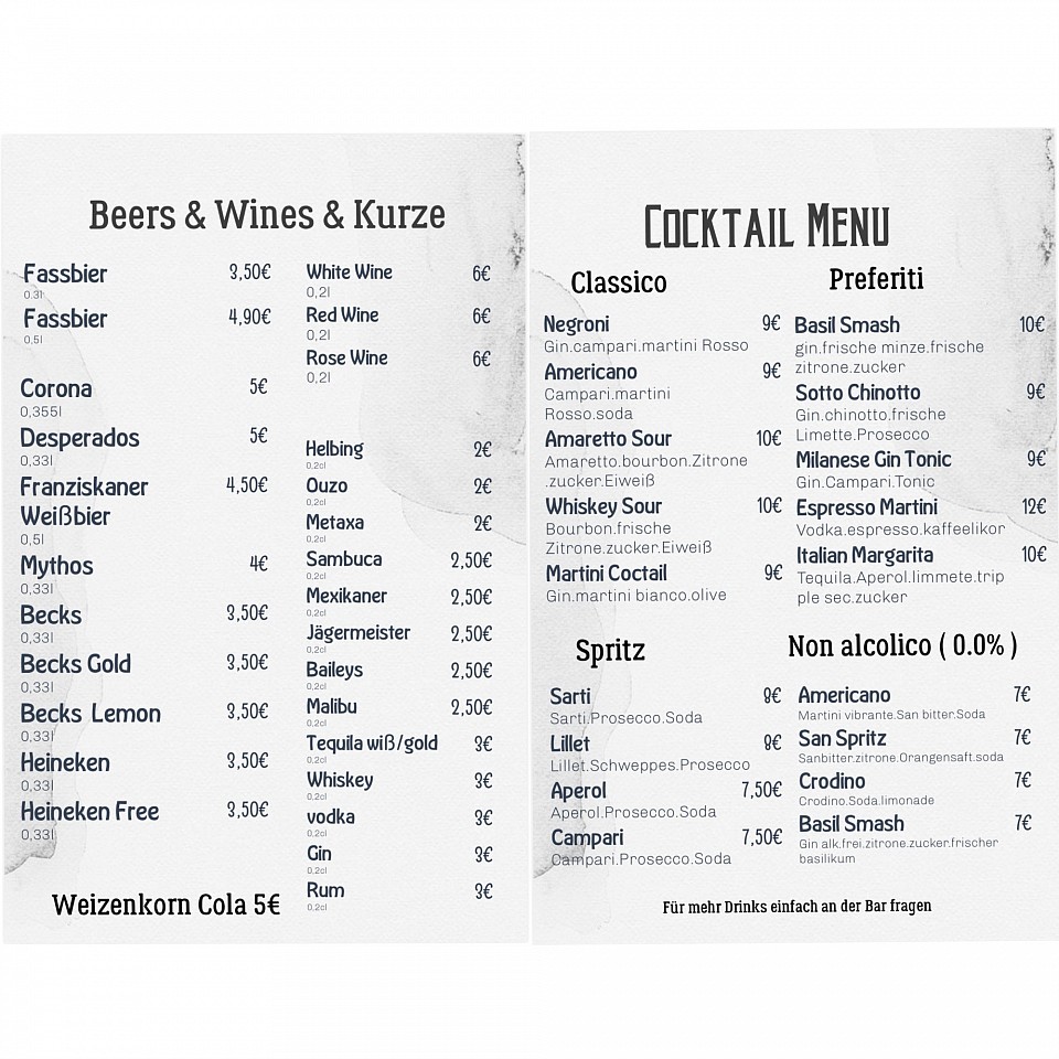 Entdecke unser Menü im Central Café Bar Billard! Genieße kreative Cocktails, aromatischen Kaffee, erfrischende Softdrinks, ausgewählte Biere und Weine – alles für genussvolle Momente in Hamburg