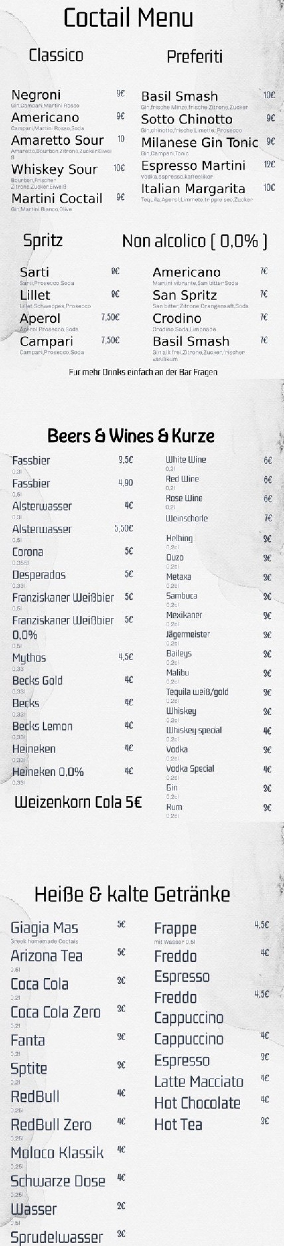 Entdecke unser Menü im Central Café Bar Billard! Genieße kreative Cocktails, aromatischen Kaffee, erfrischende Softdrinks, ausgewählte Biere und Weine – alles für genussvolle Momente in Hamburg